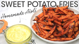 
            
                Load and play video in Gallery viewer, Crispy Sweet Potato Fries With Homemade Aioli (Mustard-Free) Recipe Youtube Thumbnail | How To Cuisine
            
        